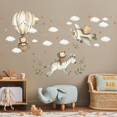 Muralo Sticker Set für Mädchen und Jungen - Aquarell Aufkleber Wandsticker Tattoo für Kinderzimmer - Wandaufkleber Tiere mit Wolken und Sternen Motiv - Br.120cm x Hö.60cm von Muralo