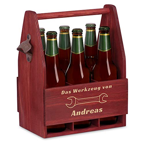Maverton Bierträger für 6 Flaschen 0,5L + Gravur - Männerhandtasche mit Flaschenöffner - Größe: 25x17x32cm - aus Holz - Geschenk für Männer zum Geburtstag - Werkzeug von Maverton