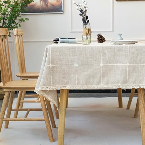 Musihy Tischdekoration Wohnzimmer, 140 x 300 cm Baumwolle Leinen Kariert Tischtuch für Esszimmer, Hochzeiten oder Haushalt, Beige von Musihy