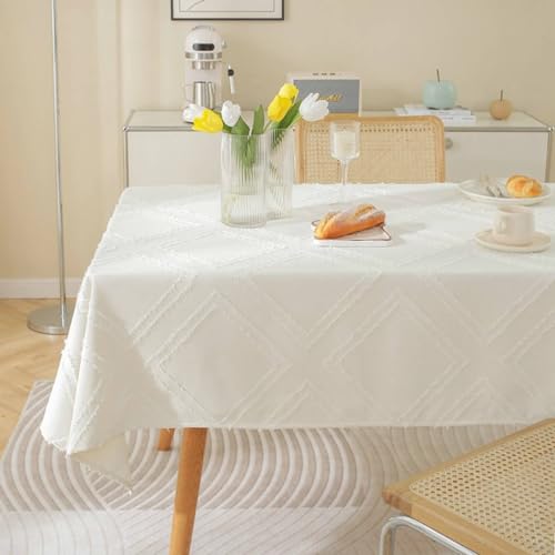 Tischdecke Elegant Schick, 135 x 300 cm Baumwolle Leinen Fluff-Rhombus-Muster Tischtuch Fleckenschutz, Cremeweiß, Stil1 von Musihy