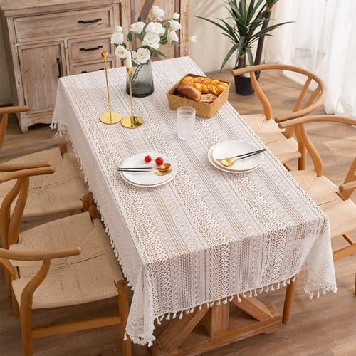 Tischdecke Elegant Schick, 150 x 220 cm Baumwolle Spitze Tischtuch Fleckenschutz, Beigeweiß von Musihy