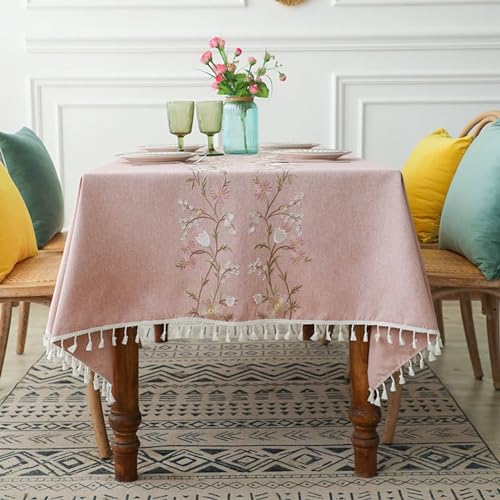 Tischdecke Esstisch Abwaschbar, 140 x 180 cm Polyester Vintage-Stickmuster mit Blumenzweigen Tischtuch Fleckenschutz, Rosa von Musihy