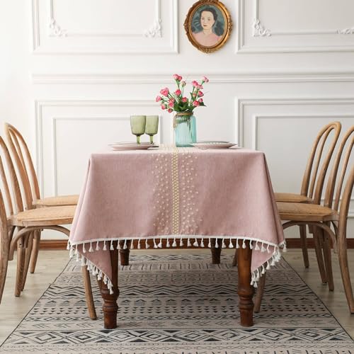 Tischdecke Landhausstil Abwaschbar, 140 x 180 cm Polyester Häkelmuster mit Punkten Tischtuch für Küche, Tischdekoration, Picknick, Rosa Gold von Musihy