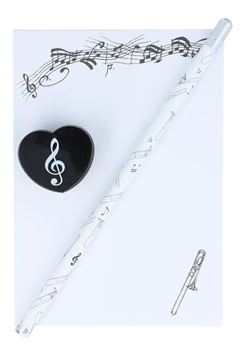 musikalisches Schreibset Bleistift, Herzform-Spitzer und DIN A6-Block (Posaune) von Musikboutique