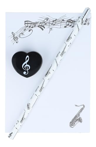 musikalisches Schreibset Bleistift, Herzform-Spitzer und DIN A6-Block (Saxophon) von Musikboutique