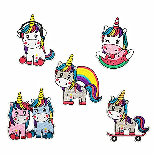 5 bestickte Aufnäher zum Aufbügeln, Einhorn, bunt, Wärmeübertragung, Korrektive Dekoration für Kinder, Kleidung, Jeans, Tasche, DIY von Musolaree