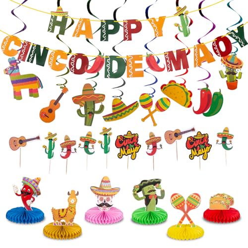 Muswarm Cinco de Mayo Party-Dekorationsset, Mexiko, Fiesta, hängende Wirbel und Banner, Waben-Mittelstücke, Cupcake-Topper, Dekor-Zubehör für mexikanische Themen, Geburtstag, 31-teilig Muswarm Cinco de Mayo Party-Dekorationsset, Mexiko, Fiesta, hängende Wirbel und Banner, Waben-Mittelstücke, Cupcake-Topper, Dekor-Zubehör für mexikanische Themen, Geburtstag, 31-teilig von Muswarm