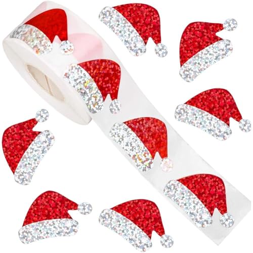 Muteitt 500 Stück Glitzernde Weihnachtsmützen-Aufkleber, Selbstklebende Weihnachtsaufkleber, Dekorative Umschläge, Siegel, Etikettenaufkleber Für Einladungen, Grußkarten, Geschenke von Muteitt