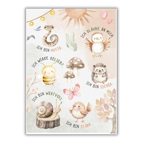 Mutzauber® Poster Affirmationsposter A3 Kinderzimmer Jungen Mädchen Bilder Kinderzimmer Motivation Wald Igel Schnecke Tiere Kindergarten Wandposter (Waldtiere) von Mutzauber