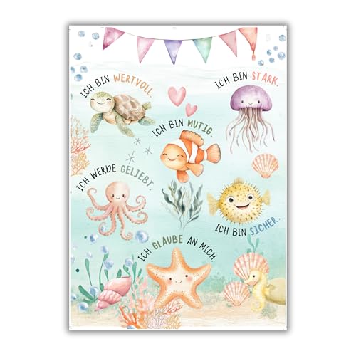 Mutzauber® Poster Affirmationsposter A3 Kinderzimmer Jungen Mädchen Poster Motivation Schildkröte Seepferdchen Seestern Kinder Kindergarten Gefühlsposter Wandposter (Wasserwelt) von Mutzauber