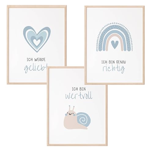 Mutzauber® Poster Affirmationsposter A4 Kinderzimmer Jungen Mädchen Bilder Kinderzimmer Motivation Bär Tiere Kinder Kindergarten verschiedene Motive Wandposter (A4 Schnecke blau) von Mutzauber