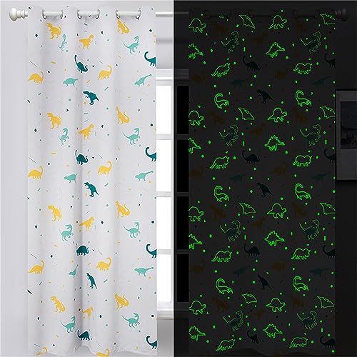 Dinosaurier-Vorhänge für Jungen, Schlafzimmer, leuchtet im Dunkeln, Cartoon-Stangentasche, Kinder, Jungen, Mädchen, einfach, kindlich, niedlich, Dino Wildtiere, Tiermuster, Gardinen Fenstervorhänge, von Muwago