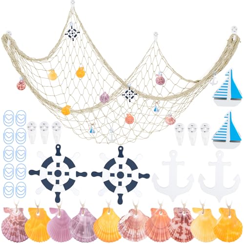 33 Stück Fischernetz Deko Set 1.5 X 2M, Fischernetz Deko mit Muscheln, Segelboot, Steuerrad, Holzanker, Bildaufhänger, Fischernetz Wand Dekoration für Heimdekoration, Strandpartys, Hochzeiten (Beige) 33 Stück Fischernetz Deko Set 1.5 X 2M, Fischernetz Deko mit Muscheln, Segelboot, Steuerrad, Holzanker, Bildaufhänger, Fischernetz Wand Dekoration für Heimdekoration, Strandpartys, Hochzeiten (Beige) von Muyohix