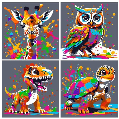 Muyohix 4 Stück Tiere Malen Nach Zahlen Kinder ab 5-10 Jahre Mädchen, Schildkröte Eule Giraffe Dino Malen Nach Zahlen mit Acrylfarben, Pinseln, Handgemalt Ölgemälde für Home Décor, Geschenk-26x26cm, A Muyohix 4 Stück Tiere Malen Nach Zahlen Kinder ab 5-10 Jahre Mädchen, Schildkröte Eule Giraffe Dino Malen Nach Zahlen mit Acrylfarben, Pinseln, Handgemalt Ölgemälde für Home Décor, Geschenk-26x26cm, A von Muyohix