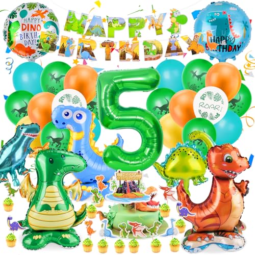 Muyohix Dino Geburtstag Deko 5 Jahre, 42 Stück Dinosaurier Deko Kindergeburtstag mit XXL Dino Party Folienballon, Happy Birthday Banner Luftballon für Dinosaurier Dschungel Party Geburtstagsdeko Junge von Muyohix