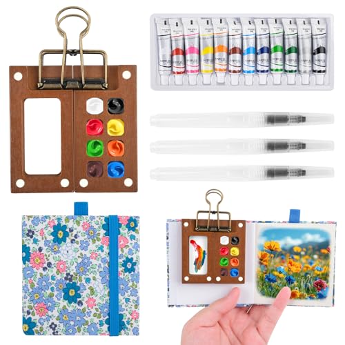 Muyohix Mini Aquarell Travel Set, Pocket Aquarell Set, Tragbare Aquarellpalette Reiseset, 8 Grids Mini Holz Palette Malkasten, Binder-Clips, Aquarellpinsel Wasserfarben Skizzenbuch, Blau Muyohix Mini Aquarell Travel Set, Pocket Aquarell Set, Tragbare Aquarellpalette Reiseset, 8 Grids Mini Holz Palette Malkasten, Binder-Clips, Aquarellpinsel Wasserfarben Skizzenbuch, Blau von Muyohix