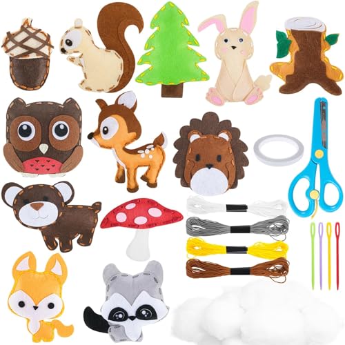 Nähset Kinder ab 6 Jahre, 12 Stück Filztiere Nähen Set für Anfänger, DIY Tierformen Filz Bastelset mit Stickgarn, Nadeln, Füllwatte, Schere Animals Sewing Kit, Kreatives Geschenk für Mädchen & Jungen von Muyohix