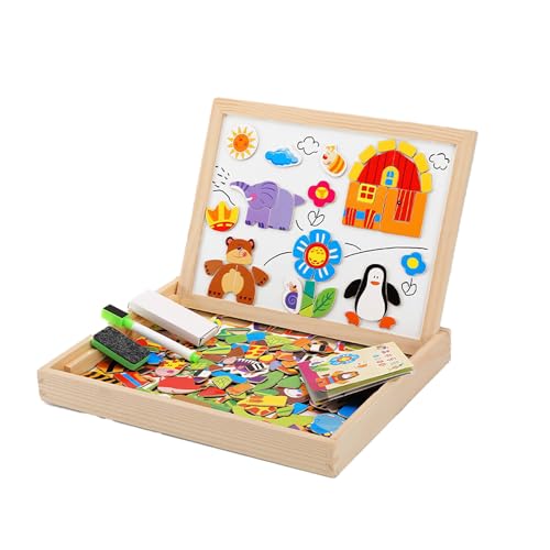 Magnetisches Holzpuzzle,Doppelseitige Staffelei,Holzbrett Doodle,Lernspielzeug für Kinder mit Wald-und Tiermotiven-3 von Muzboo