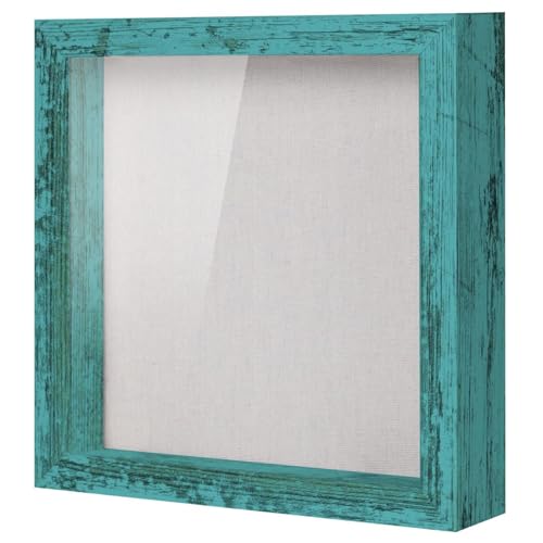 Muzilife 3D Bilderrahmen zum Befüllen 20x20 cm-Tiefer Holz Rahmen, Objektrahmen Shadow Box mit Glasscheibe, als Geschenk für Familie Freunde, Fotos Erinnerungsbox (Vintage-Blau, 20x20cm) von Muzilife