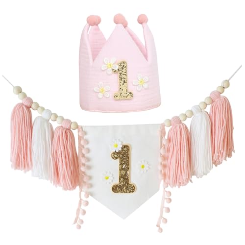 Hochtaster Banner 1. Geburtstagsmädchen, Daisy erster Geburtstag Banner Set mit handgefertigtem Cake Topper Crown Hut für Partydekorationen von Muzrunq