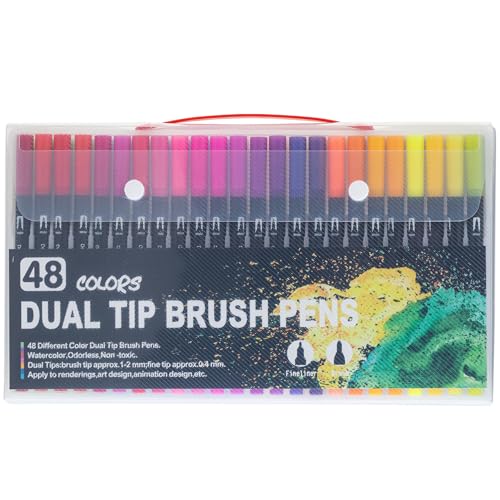 Marker mit Doppelspitze, 48 Farben, feine und Pinsel-Farbmarker mit Aufbewahrungsbox, waschbar, lebendig, ästhetisch, Weihnachtsbastelbedarf für Kinder und Erwachsene von Muzrunq