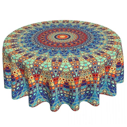 Runde Tischtuch Mandala Bohemian Tischdecke, 60 Zoll wasserdichtes Falten kostenlos im Freien Esstischabdeckung für Innenrestaurants oder Außenterrassenparty -Essbereitschaft von Muzrunq