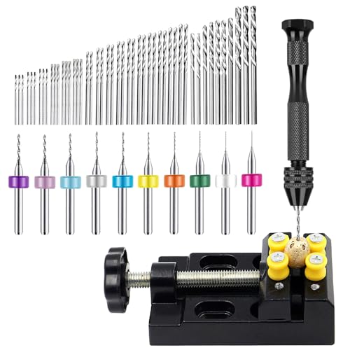 60 Stück Handbohrer Set, 48 Mini Bohrer 0.5-3.0 mm, 10 PCB Bohrer Bit Set 0.3-1.2mm, Handbohrer mit Schraubstock, Robust und Langlebig, für Holz, Metall, Kunststoff (Schwarz) von MvysticCharvn
