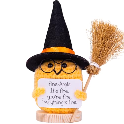 Mwmoeen Halloween Positive Kartoffel, Pocket Hug Positive Kartoffel Geschenke Kreative Strickwolle Puppe Mit Hexenhut, Besen und Positive Karte, Abschiedsgeschenk Kollegen(H9) von Mwmoeen