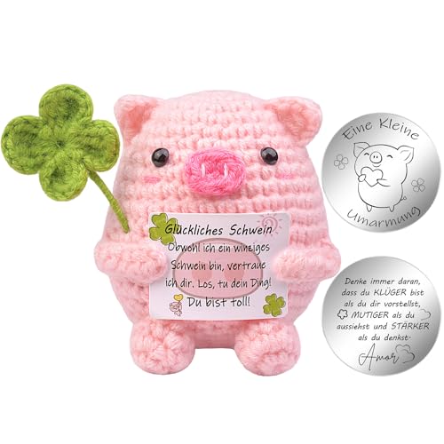 Mwmoeen Pocket Hug Gestricktes Glücksschweinchen, Glücksbringer Prüfung, Kreative Strickwolle Minischwein mit Vierblättriges Kleeblatt, Mutmacher Geschenk, Gute Besserung Geschenk von Mwmoeen