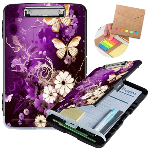 Klemmbrett mit Aufbewahrung, Aufbewahrungs-Klemmbrett mit Stifthalter, robustes Kunststoff-Klemmbrett mit flachem Profil-Clip, Klemmbrett-Mappe, Lehrer-Must-Haves, Bürobedarf, lila Blumen von Mxfdegf