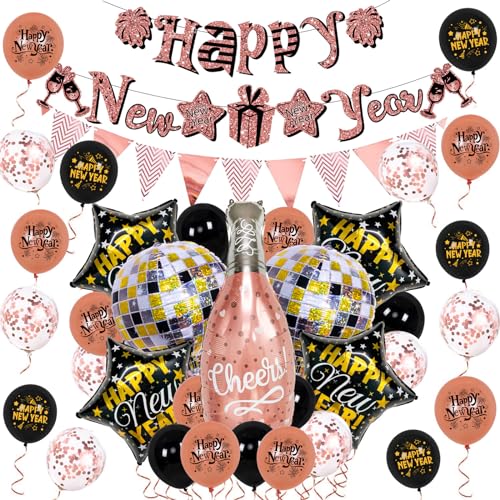 22 Zoll Happy New Year Ballon-Kits Weihnachtsdekorationen 2024 Folienballon Banner Latex Ballon Hintergrund Party Dekor Neujahr Folienballon von Mxming