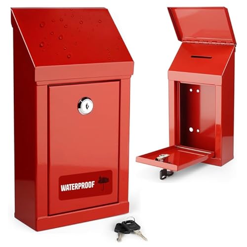 Metall-Spendenbox für Wohltätigkeitsorganisationen, Stahl, Sammelbox mit oberem Schlitz und Schloss, Wandmontage mit vorgebohrten Löchern, 25,4 x 15,2 x 6,3 cm, wasserdichte Postbox (Rot) von My Charity Boxes