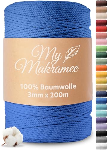 My Makramee® - Makramee Garn 3mm x 200m - Blau - 100% Baumwolle - Premium Baumwollgarn mit natürlicher Optik - plastikfreie Verpackung von My Makramee