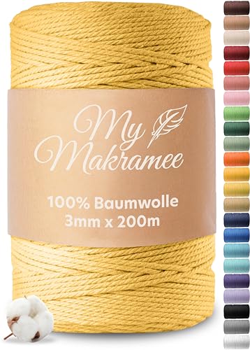 My Makramee® - Makramee Garn 3mm x 200m - Gelb - 100% Baumwolle - Premium Baumwollgarn mit natürlicher Optik - plastikfreie Verpackung von My Makramee