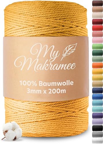 My Makramee® - Makramee Garn 3mm x 200m - Goldgelb - 100% Baumwolle - Premium Baumwollgarn mit natürlicher Optik - plastikfreie Verpackung von My Makramee