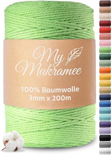 My Makramee® - Makramee Garn 3mm x 200m - Hellgrün - 100% Baumwolle - Premium Baumwollgarn mit natürlicher Optik - plastikfreie Verpackung von My Makramee