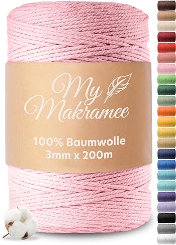 My Makramee® - Makramee Garn 3mm x 200m - Hellrosa - 100% Baumwolle - Premium Baumwollgarn mit natürlicher Optik - plastikfreie Verpackung von My Makramee