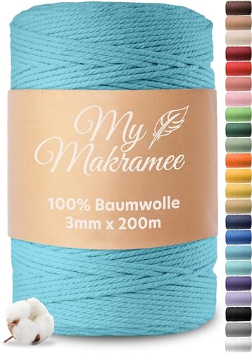 My Makramee® - Makramee Garn 3mm x 200m - Himmelblau - 100% Baumwolle - Premium Baumwollgarn mit natürlicher Optik - plastikfreie Verpackung von My Makramee
