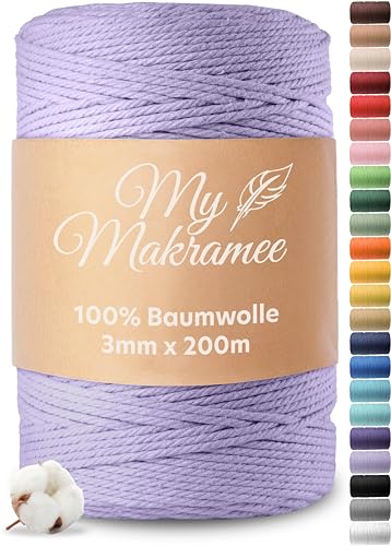 My Makramee® - Makramee Garn 3mm x 200m - Lavendel - 100% Baumwolle - Premium Baumwollgarn mit natürlicher Optik - plastikfreie Verpackung von My Makramee
