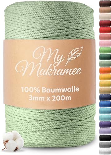 My Makramee® - Makramee Garn 3mm x 200m - Olivgrün - 100% Baumwolle - Premium Baumwollgarn mit natürlicher Optik - plastikfreie Verpackung von My Makramee