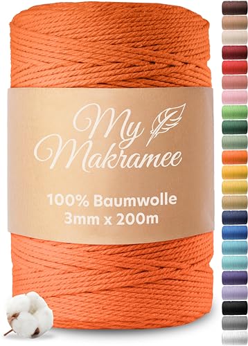 My Makramee® - Makramee Garn 3mm x 200m - Orange - 100% Baumwolle - Premium Baumwollgarn mit natürlicher Optik - plastikfreie Verpackung von My Makramee