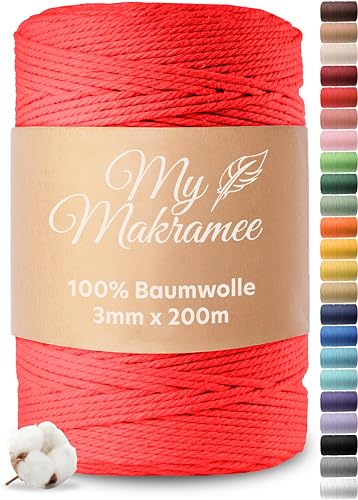 My Makramee® - Makramee Garn 3mm x 200m - Rot - 100% Baumwolle - Premium Baumwollgarn mit natürlicher Optik - plastikfreie Verpackung von My Makramee
