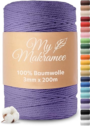 My Makramee® - Makramee Garn 3mm x 200m - Violett - 100% Baumwolle - Premium Baumwollgarn mit natürlicher Optik - plastikfreie Verpackung von My Makramee
