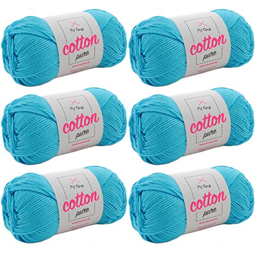 Baumwollgarn -MyOma Cotton pure südsee (Fb 0124)- Baumwolle zum Stricken und Häkeln + GRATIS Anleitung - 6 Knäuel Baumwolle türkis/türkises Baumwollgarn 50g/125m - Nadelstärke 2,5-3,5mm von My Oma