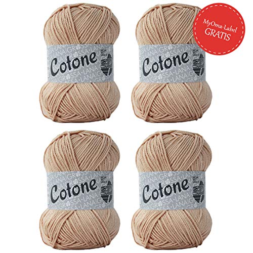 Lana Grossa Baumwolle Cotone pfirsich (Fb 056) – 4x Wolle Cotone 50 g –100% Baumwolle - Baumwolle zum Häkeln – 4x Lana Grossa Garne mit kühlendem Effekt für Sommertage – GRATIS MyOma Label von My Oma