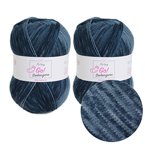 My Oma Sockengarn Go! Tiefsee (Fb 323) - 2 Knäuel Blaues Sockengarn, 4-Fädig, Nadelstärke 2,5-3mm, 200g Wolle zum Socken Stricken, Farbverlauf von My Oma