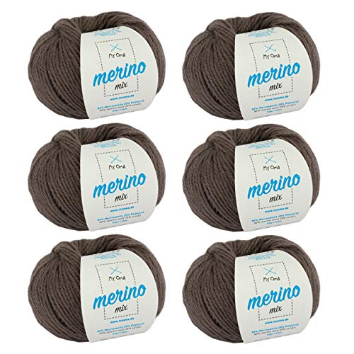 MyOma Merino Wolle - 6 Knäuel Taupe (Fb 7803) - Braune Mischung Zum Stricken - 50g/120m - Weiches Garn + GRATIS Label von My Oma