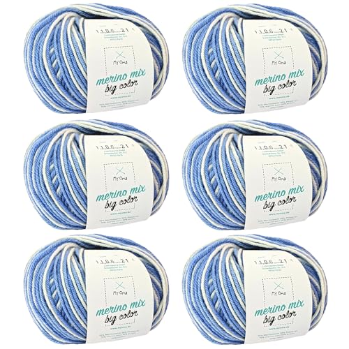 Wolle stricken - Merino Wolle Sky (Fb 1106) - 6 Knäuel Merinowolle blau zum Stricken - dicke Wolle + GRATIS MyOma Label - 100g/150m - Nadelstärke 6-7mm - MyOma Wolle - Color Wolle von My Oma