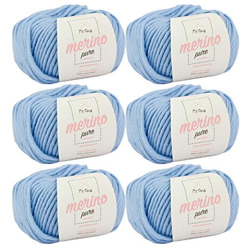 Weiche Wolle Zum Stricken - 6x Merino Pure Arctic (Fb 46277) - 6 Knäuel Hellblau + GRATIS Label - Handstrickgarn - 50g/65m - Nadelstärke 6-7mm - 100% Merinowolle Extrafine von My Oma