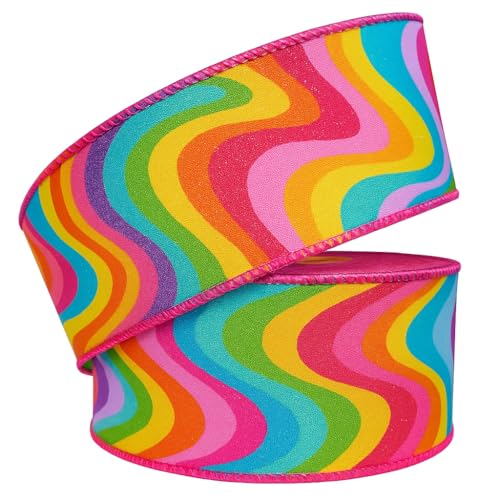 Buntes Hippie-Ombré-Regenbogenband, 6,3 cm Drahtrand, buntes Wirbel-Design, erhältlich in 2 m, 5 m, 10 m, Boho-Party, Basteln, Geschenkverpackung, DIY-Dekoration (dickes Ombré-Regenbogenband, 10 m) von My Ribbon Laces
